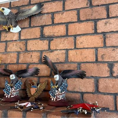 Patriotic / Bald Eagle Decor - 2 Statues, 1 Wall Hanging, 1 Metal Federal Plaque, 1 Hanging Stars