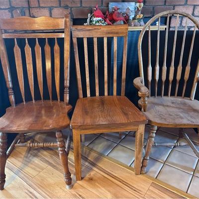 3 Wooden Chairs - 2 Side Chairs + 1 Arm Chair - Windsor, Slat Back