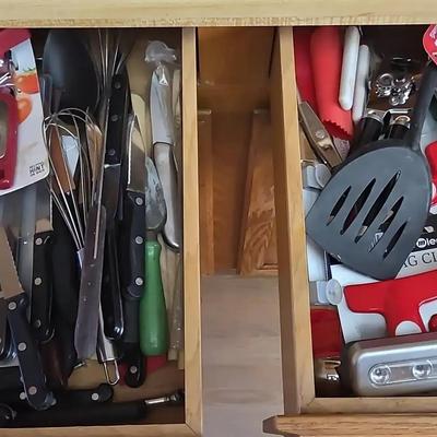 2 Drawers of Kitchen Utensils- Can Openers, Knives, Spatulas, Bag Clips