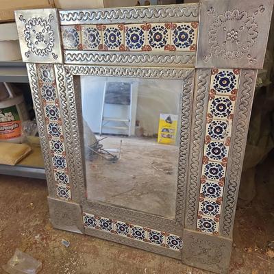 Beautiful Square Metal Accent Wall Mirror w/ Tile Inlay - Ornate, Blue, Silver, Orange
