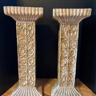 2 Decorative Column Pedestals - Ornate, Antique Sandstone Color - One Corner Chipped