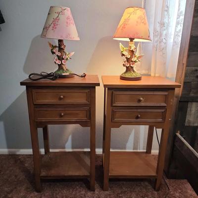 2 Matching Wood Night Stands & 2 Pretty Hummingbird Lamps - 2 Drawers In Each & 1 Shelf