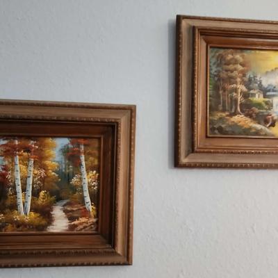 2 Wood Framed Landscape Paintings - Woods & Mountain Scenes, Frames Made In Mexico, 15" W X 13" H