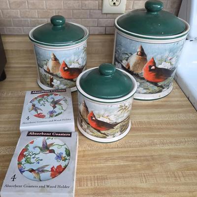 Kitchen Decor - 3 Cardinals Ceramic Canisters & 8 Hummingbird Coasters