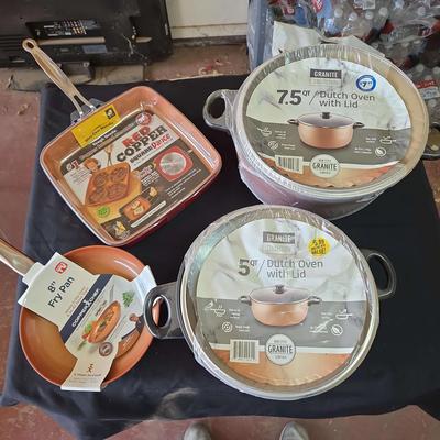 4 Piece Set of NEW Copper Cookware - Fry Pan, Skillet, 2 Dutch Oven Pots