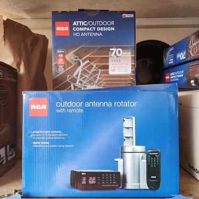 2 NEW Attic Outdoor Compact Design HD Antennas 70 Mile, 1 NEW RCA Antenna Rotator W/ Remote, #1