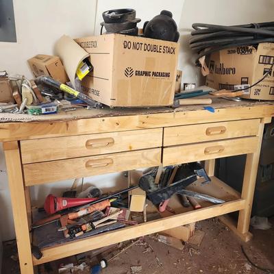 5 Ft Long Wood Work Table & Large Gray Storage Box W/ Wheels + All The Items In & On Top
