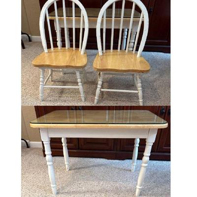 T vintage children s table with two wood chairs and glass top