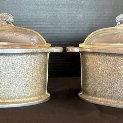 Two Vintage Guardian Service Cast Aluminum Triangular Roasters * Glass Lids