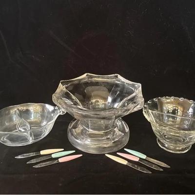 3 Vintage Clear Glass Serving Bowls * Divided Bowls * Japan Tiny Cheese Knives 