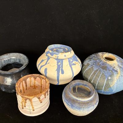 5 Handmade Pottery Pieces * Small Pots  * Vases * Lidded Storage Jar 