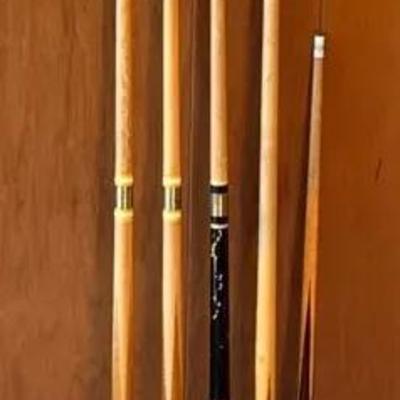  Vintage Wooden Pool Cues * Bridge Head Cue Rest * Triangle Rack * Children’s Cue *