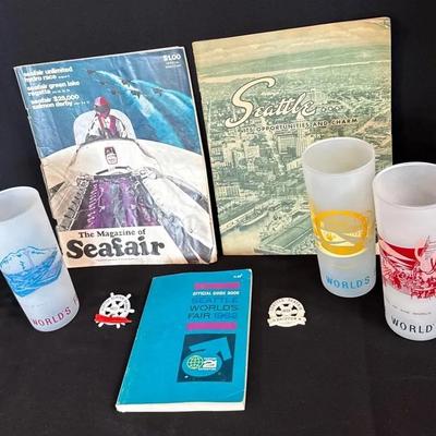 Seattle Memorabilia * Seafair Magazine 1972 * Seafair Skipper Pin * Worlds Fair Guide Book & Glasses