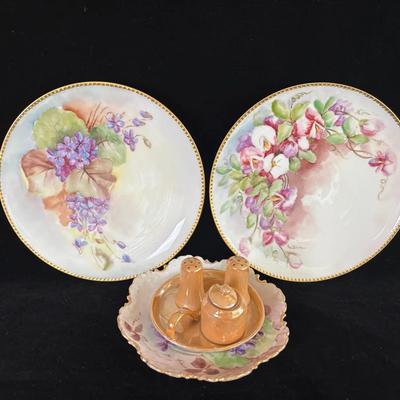 Antique Haviland France Hand Painted Plates * Tiny Lustreware S&P Set