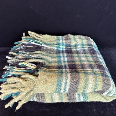 Green Plaid Woolen Fringed Throw 46 X 46 