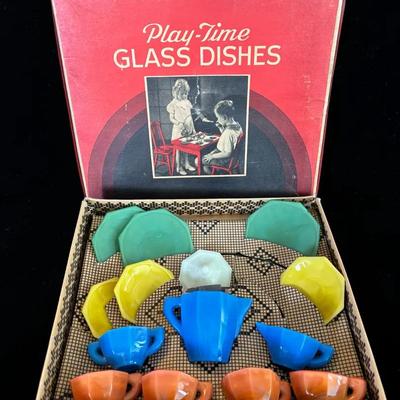 Vintage Akro-Agate Co Play Time Glass Dishes * Bright Colors  Slag Glass 