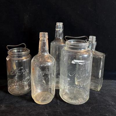 3 Vintage Clear  Liquor Bottles * Old Quaker * 2 Vintage Kerr Economy Canning Jars