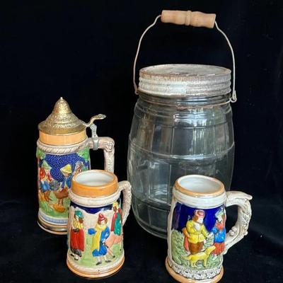 3 Collectible Steins & Vintage Glass Jar with Lid & Handle