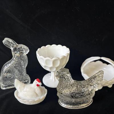 5 Vintage Clear and White Milk Glass Pieces * Bunny * Chickens * Candy Dishes 