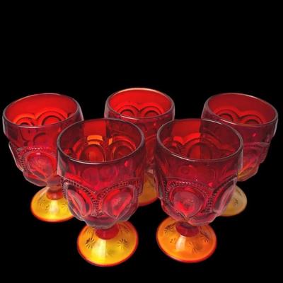 5 Vintage Bright Red and Yellow Glass Footed Water Goblets 