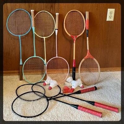 Vintage Badminton Racquets * 4 Metal Pastel * 2 Wood  * 3 Black Spaulding Metal * 7 Shuttlecocks *
