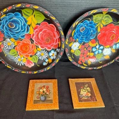 2 L.G.N. Flower Prints On Wood * Made In Italy * 2 Vibrant Painted Bowls * 