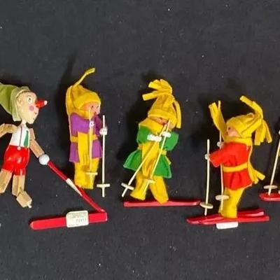 Vintage Wooden Figurines Hand Crafted In West Germany *Skiiing *WollMiniaturen