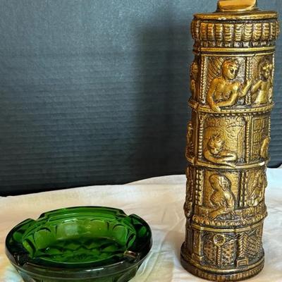 Mid Century Decor * Large 12” Coffee Table Lighter * 6” Green Glass Ashtray *