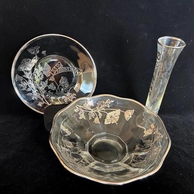 Sterling Silver Embossed 25th Anniversary Glassware * Bowl * Plate * Bud Vase 