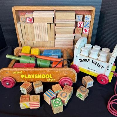 Vintage Playskool Wooden Toys * Dinky Dairy  * Colorol Wagon * Wood Blocks And Tray * Dominoes 