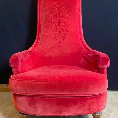 Beautiful Red Velvet high-back armchair with carved wooden legs
