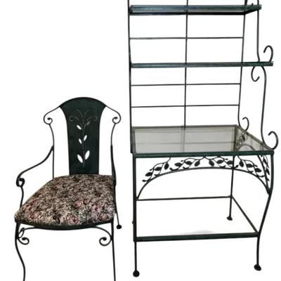 Super Neat Green Metal and Glass Bakers Rack * Matching Metal Chair * 