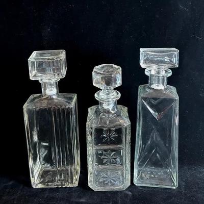 3 Clear Glass Vintage Whiskey Bottles 