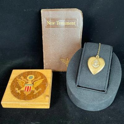 Vintage New Testament Book Special Armed Forces * Sweetheart Locket Navy * Powder Compact Military