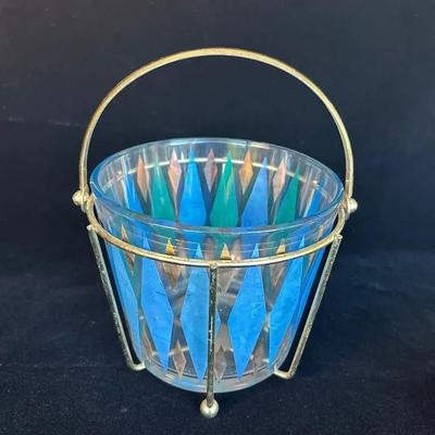 Mid Century Glass Ice Bucket with Gold Tone Metal Carrier 