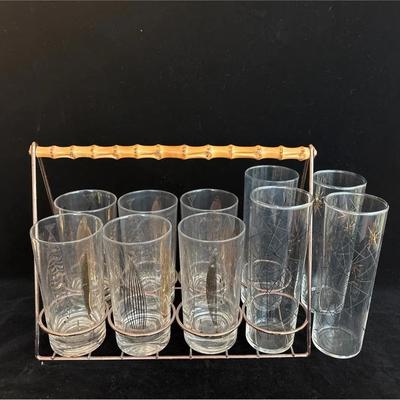 6 Mid Century Gold Design Tall Drinking Glasses with Bamboo/ Metal Caddy * 4 Tall Mid Century
