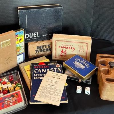 Vintage Canasta Cards And Game * White Porcelain Dice * Bridge *  Vintage Mickey Mouse Cards