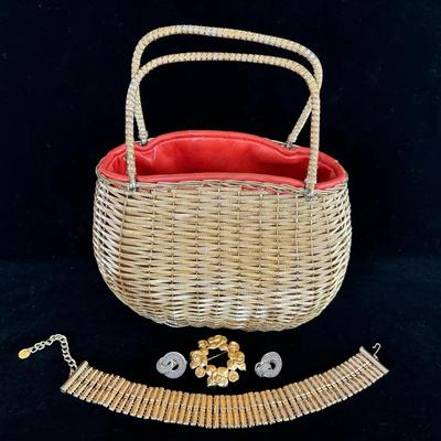 Vintage Koret Italy Gold tone Metal Handbag * Monet Braid Metal Clip on Earrings * AK Brooch + More