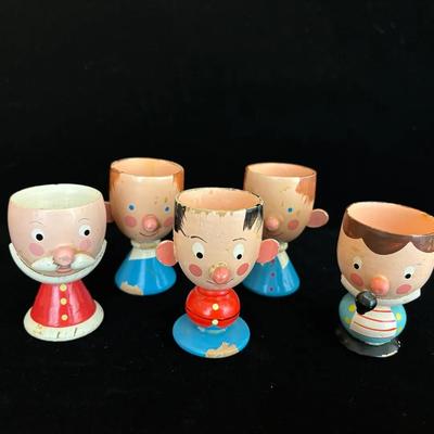 5 Hand Painted Character Wooden Egg Cups 
