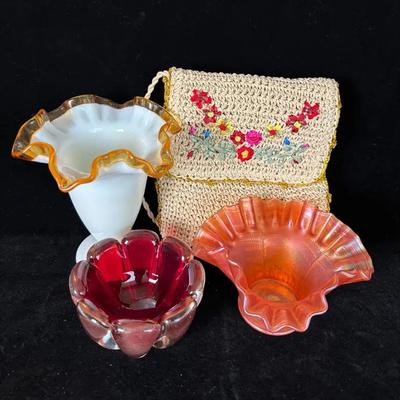 2 Fenton Ruffle Edge Dish / Vases * Possible Murano Dish * Vintage Woven Purse 