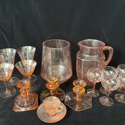 15 Pieces of Vintage Pink Glass Vases * Stemware * Candle Sticks * Tiny Teacup/Saucer