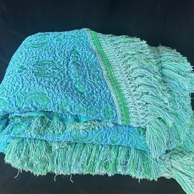 2 Vintage Mid Century AMAZING Fringed Blue and Green Design Woven Twin Bedspreads 