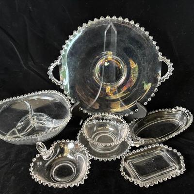 7  Vintage Imperial Candlewick Bead Edge Clear Glass Serving Pieces 
