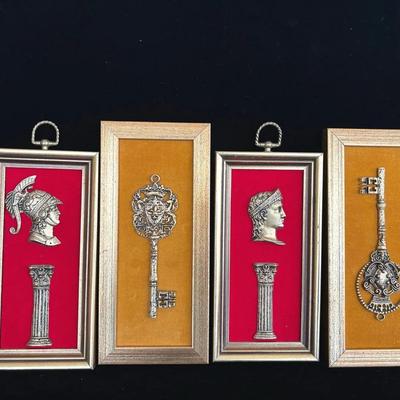 Vintage Gold Tone  Framed Velour Key * Trojan Wall Art 