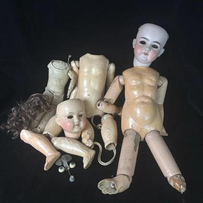 Antique Doll Parts * Wood * Plaster * Bisque * Cloth and Sawdust Filled Body 