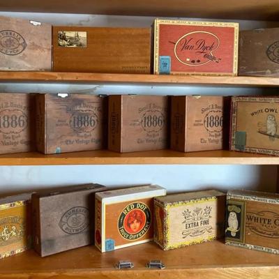 13 Vintage Cigar Boxes & 1 Chocolate Box *White Owl *Red Dot *Sam’l Davis *Brown & Haley