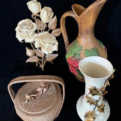 19” Decorative Pitcher * White With Gold 12” Vase * Basket With Lid * 