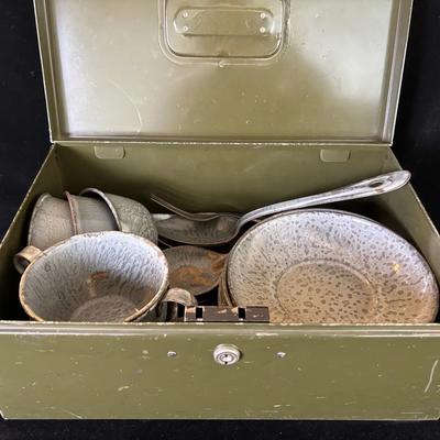 Vintage Gray Metal Enamelware Utensils and Dish Set 