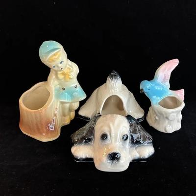 3 Vintage Ceramic Figurine Houseplant Pots * Likely Shawnee Child Planter * Spaniel & Bird 