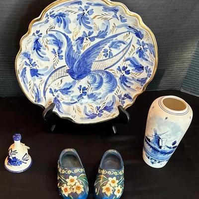 Dutch Collectibles * Delft 7” Vase * 12.5” Decorative Wall Plate * Little Clogs * 3.5” Ceramic Bell